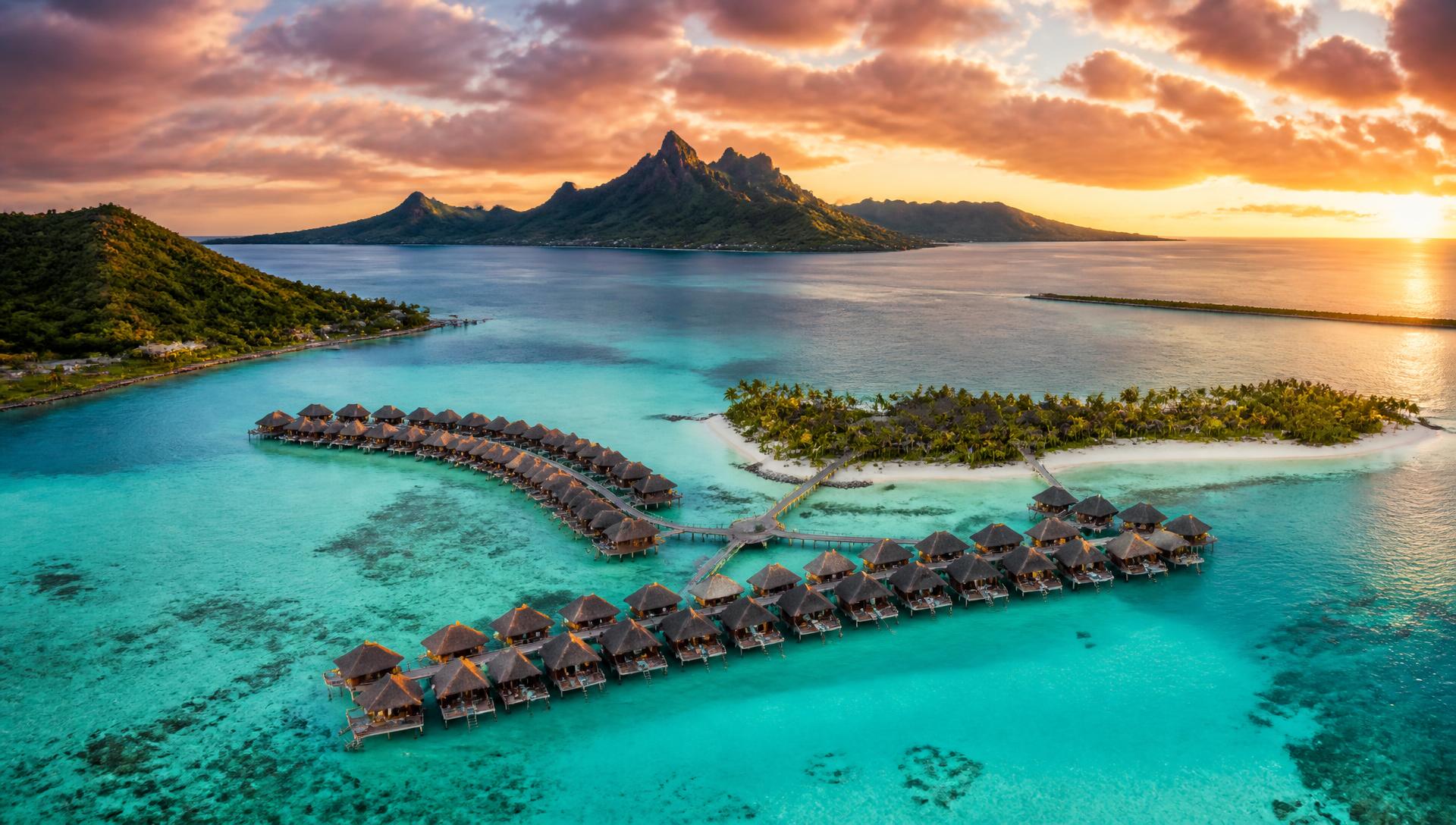 Aerial view of overwater villas above a turquoise tropical lagoon at sunset